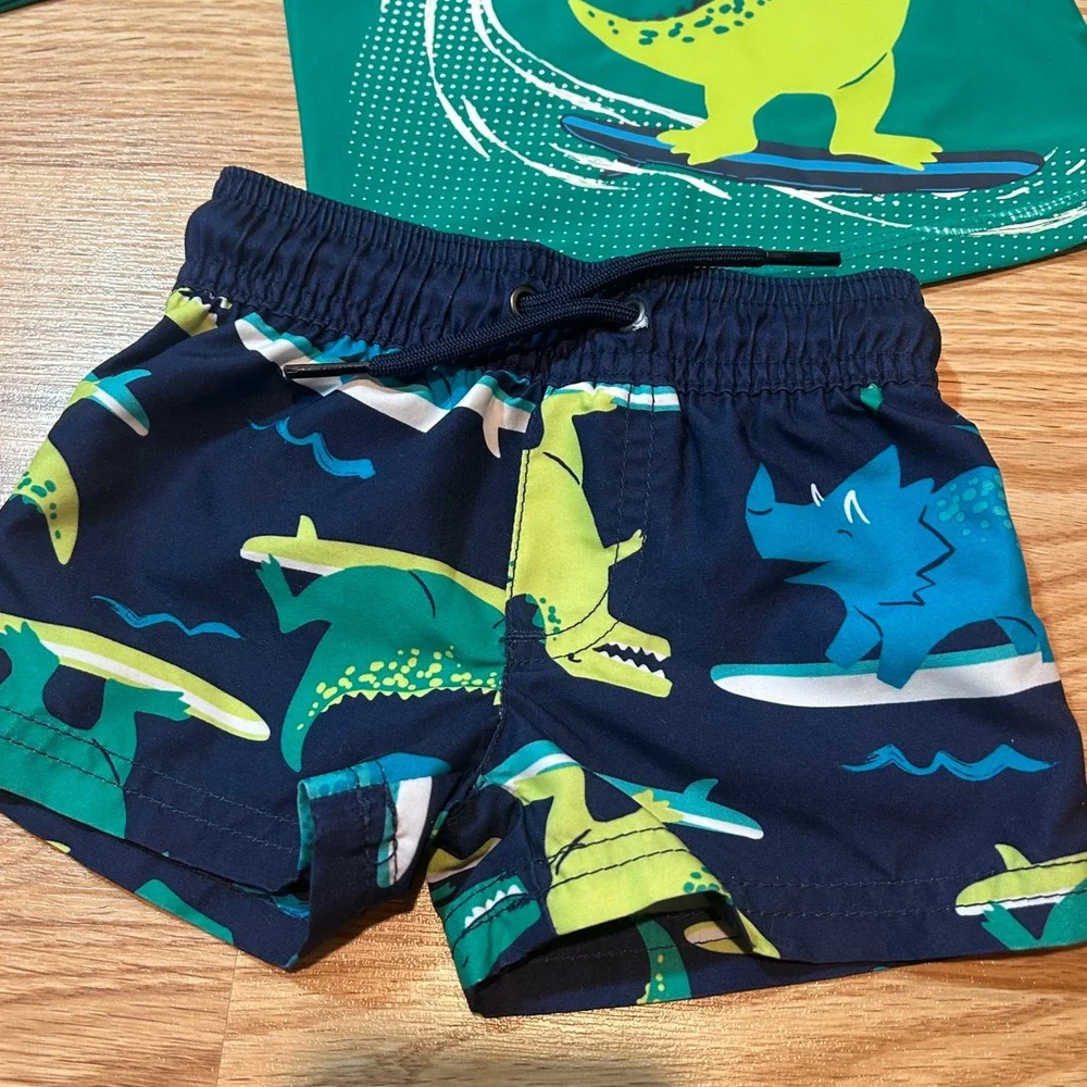 Just One You Carter's Baby Boy 3M Dinosaur Surfing‎ Rash Guard Swim Trunk Set